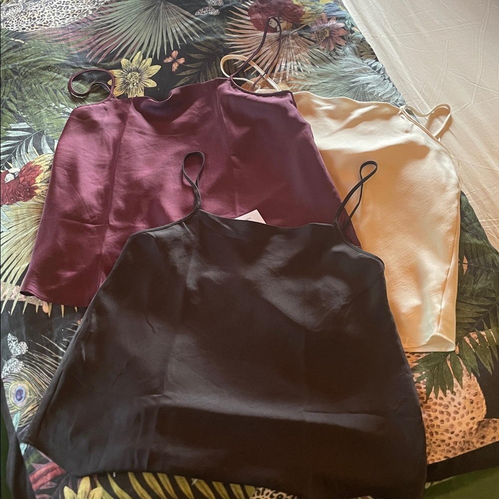 Mango silk like tops. Set of 3 basic colors beige, black & burguandy. NEW.